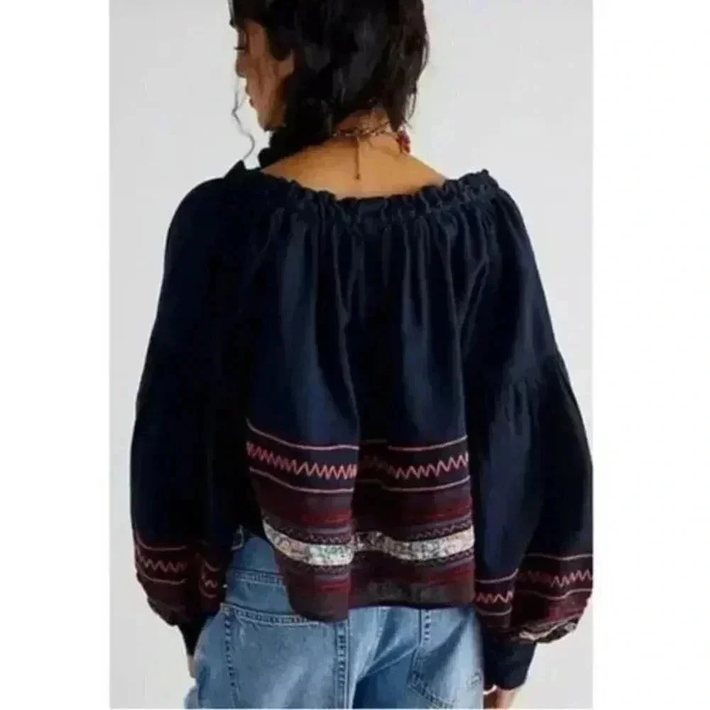 NWT - Free People Poppy Embroidered Indigo Crop Top SIZE: M - Picture 2 of 9